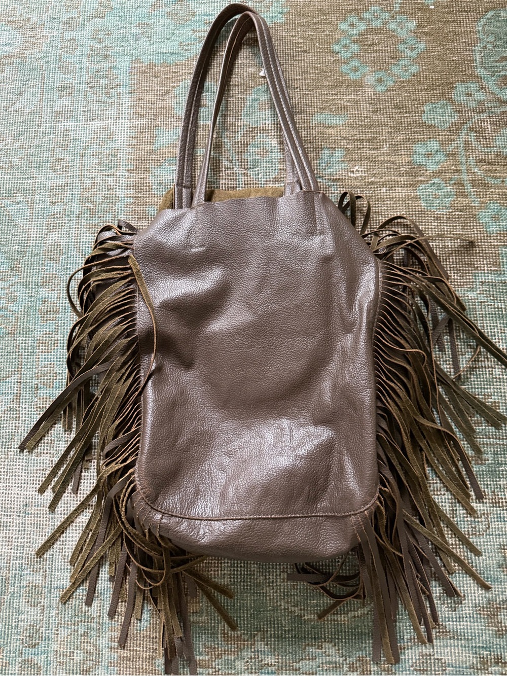 Cleobella large Leather Fringe Tote Bag -olive green
